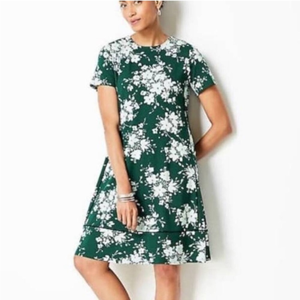 J Jill Wearever Emerald Green White Floral Short Sleeve Dress A-Line sz Small
